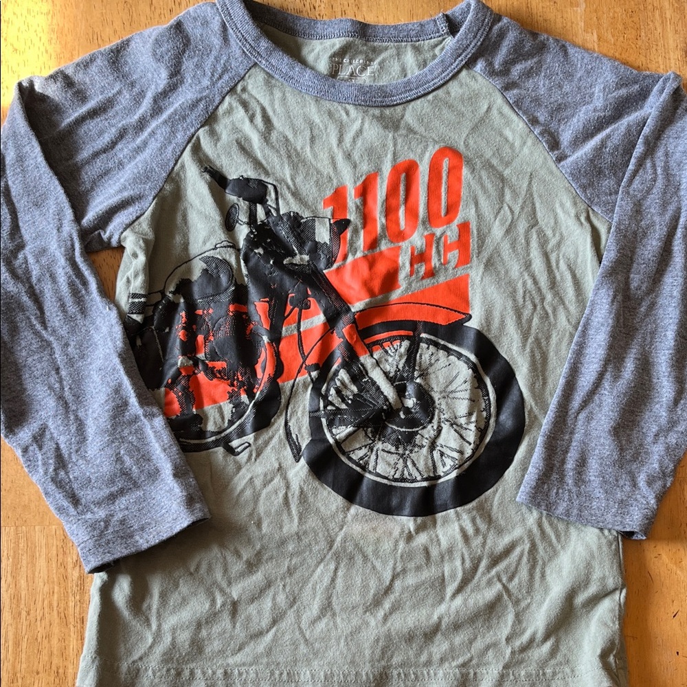 Kids Motorcycle Graphic Long Sleeve Shirt - Gray and Green